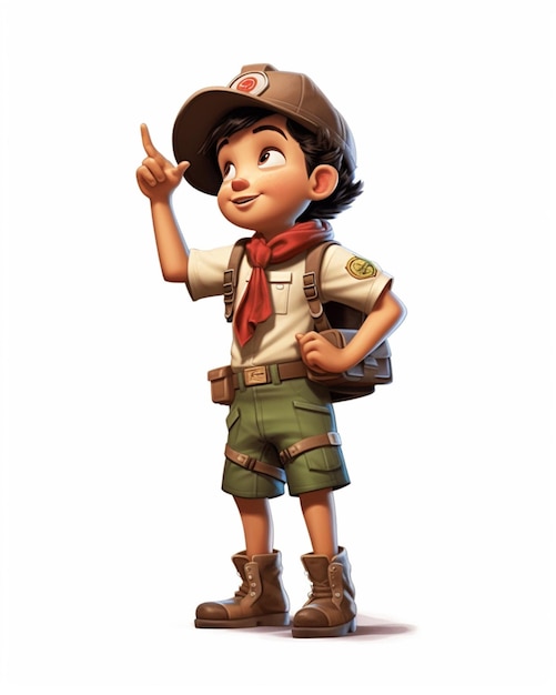 Photo garçon de dessin animé en uniforme de scout pointant vers quelque chose d'ai génératif