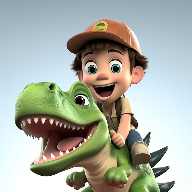 Le garçon dinosaure chevauchant heureux en 3D