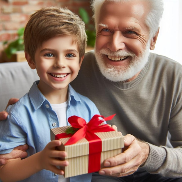 Le garçon donne un cadeau à son grand-père. Ils sourient heureux.