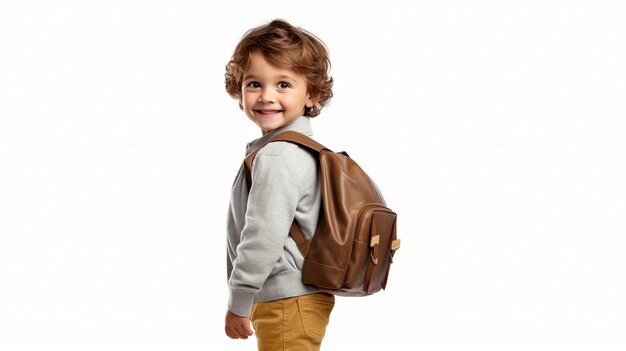 Garçon d'école mignon avec sac à dos isolé sur fond blanc Retour au concept de l'école