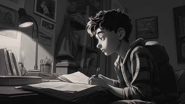 un garçon écrit dans un livre avec un stylo à la main