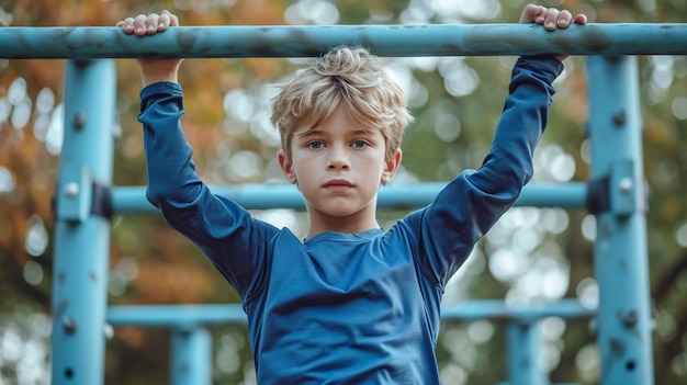 Un garçon effectuant des exercices de gymnastique sur un ensemble de barres parallèles en plein air