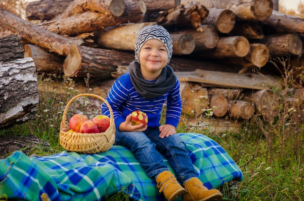 Garçon élégant mignon de deux ans dans un chapeau hétéroclite et un chandail bleu est assis sur un plaid sur un journal et mange une pomme tordue juteuse dans un panier en bois tissé