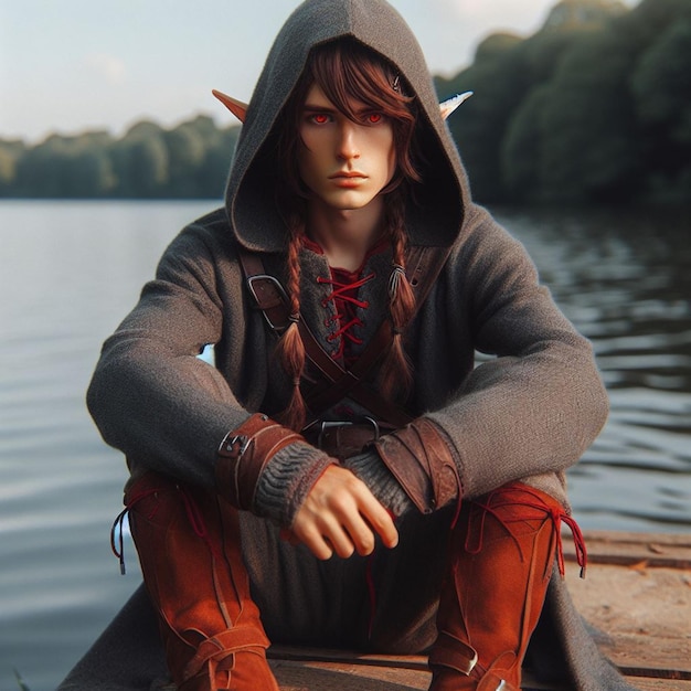 un garçon elfe assis sur le bord d'un lac tatouage sur son visage cheveux rouges longs yeux rouges capuche grise b