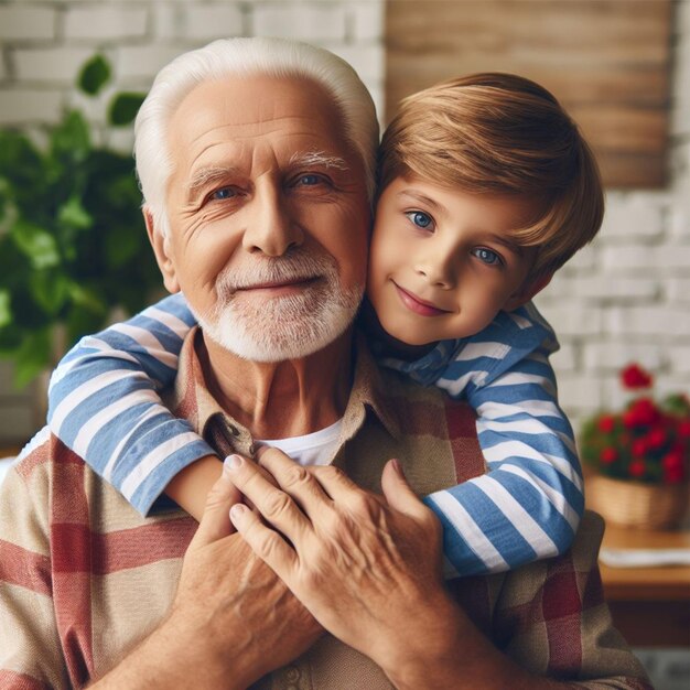 Le garçon embrasse son grand-père