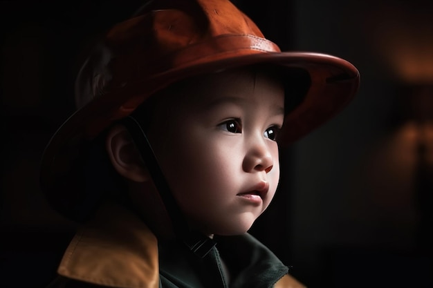 Garçon enfant en uniforme casque du héros de la profession courageuse du pompier fond noir isolé