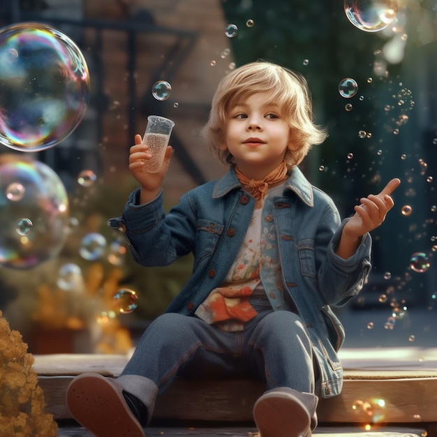 Un garçon est assis sur un banc avec des bulles dans sa main.