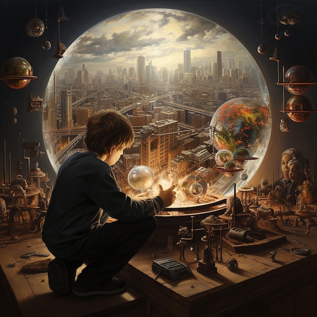 un garçon est assis sur un bureau avec un globe et le mot monde dessus.