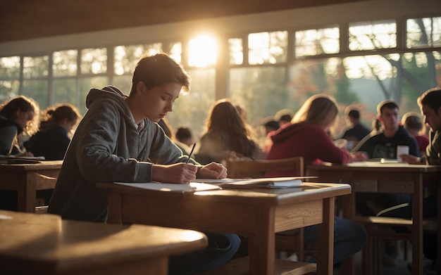 un garçon est assis à un bureau avec un livre intitulé " Une citation d'étudiant "