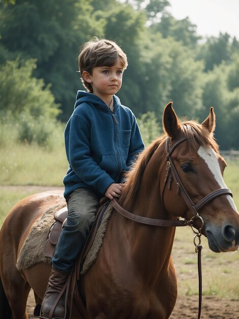 Photo un garçon est assis sur un cheval