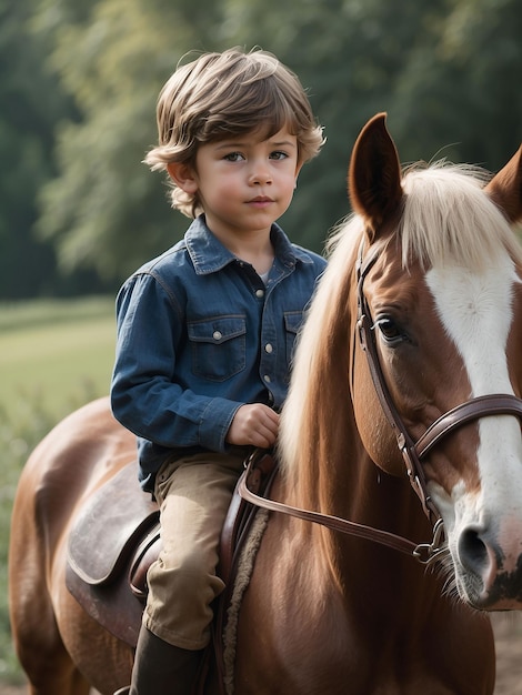 Photo un garçon est assis sur un cheval