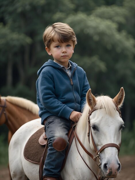 Photo un garçon est assis sur un cheval