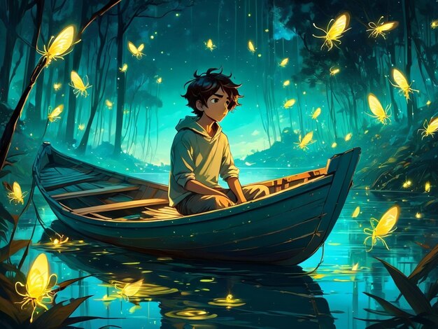 Photo un garçon est assis dans un bateau sur l'eau paysage de rêve art parmi de merveilleuses lucioles dorées