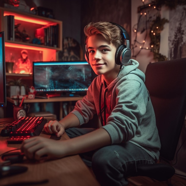 Un garçon est assis devant un ordinateur avec un clavier et un écran qui dit "jeu" dessus