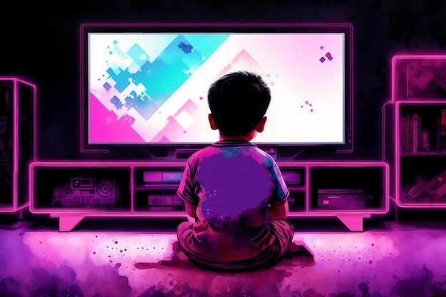 Un garçon est assis devant une télévision sur laquelle est inscrit le mot numérique.