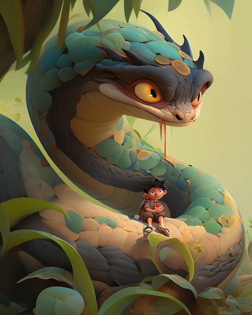 Un garçon est assis sur un serpent géant avec un serpent vert sur le dessus.
