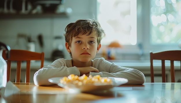 Un garçon est assis à une table avec une assiette de nourriture devant lui