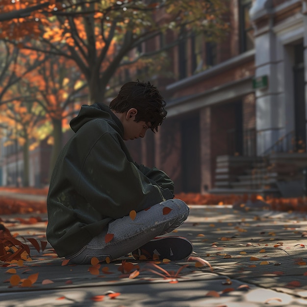 un garçon est assis sur le trottoir devant un bâtiment avec des feuilles éparpillées