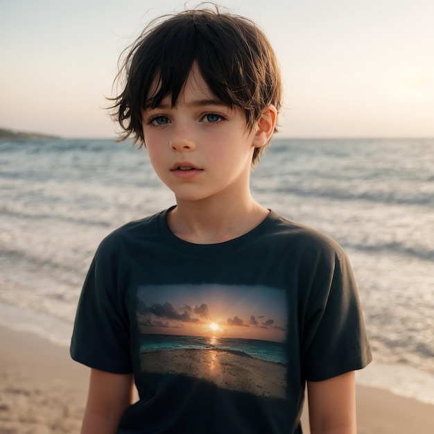 un garçon est debout sur la plage avec une chemise qui dit coucher de soleil sur elle