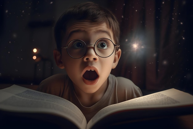 garçon étonné lisant un livre avec une étoile sur le dessus