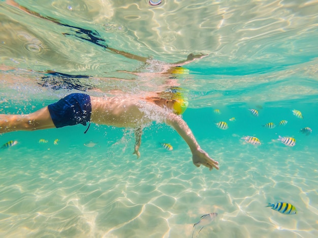 Garçon d'étude de la nature sous-marine plongée en apnée dans une mer bleu clair