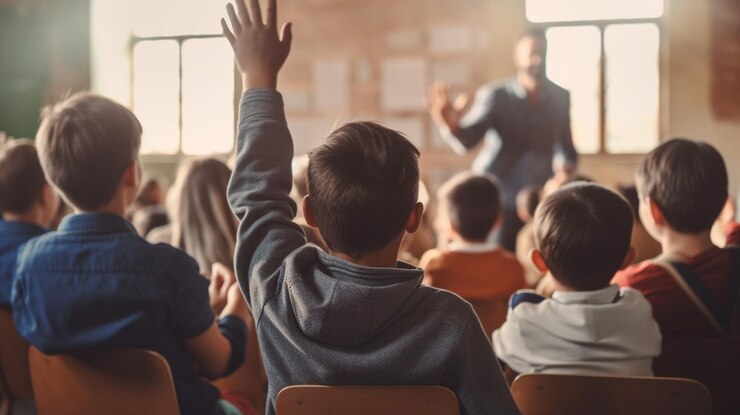 Photo un garçon étudiant connaissant la bonne réponse avec les bras levés dans une salle de classe