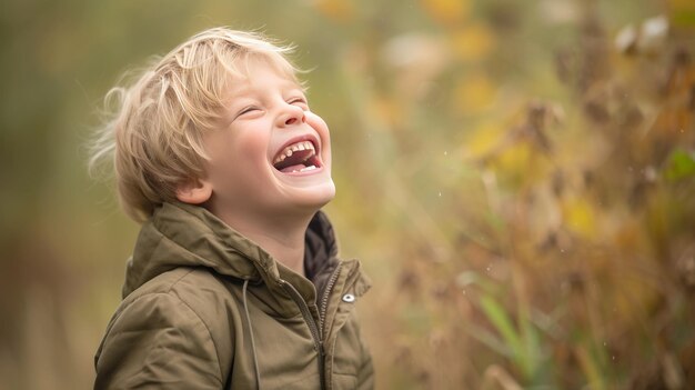 Un garçon européen blond qui rit à haute voix dans la nature, un enfant heureux.