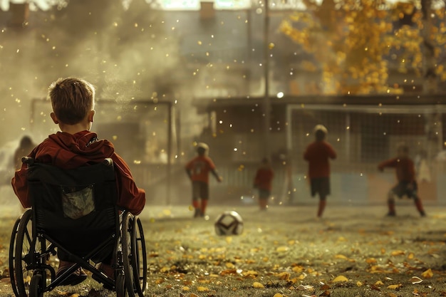 Un garçon en fauteuil roulant regarde d'autres enfants jouer au football avec une expression triste sur son visage