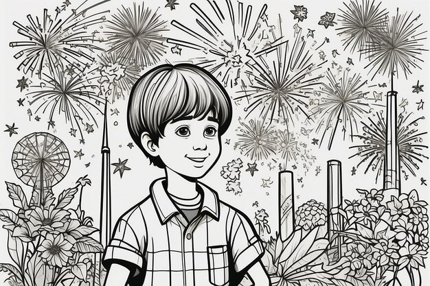 Garçon avec des feux d'artifice isolé page de coloriage pour enfants