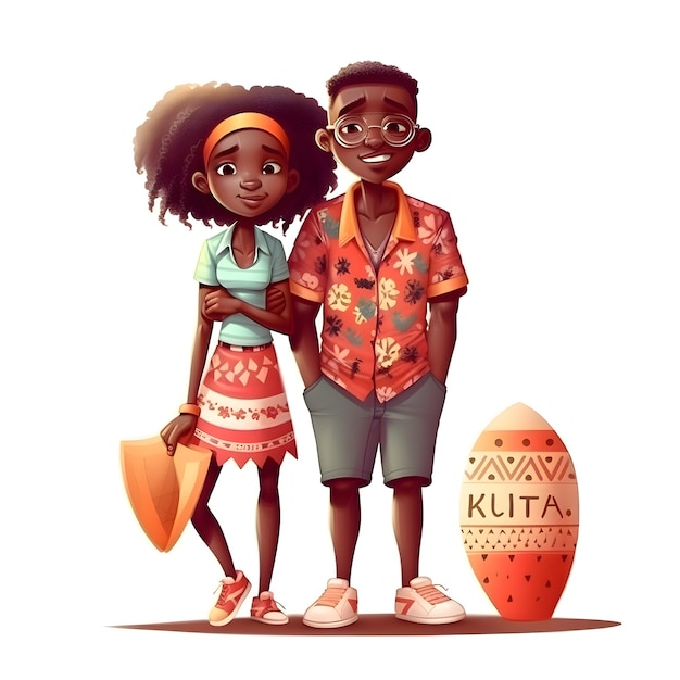 Un garçon et une fille afro-américains avec un bouclier et un œuf Illustration vectorielle