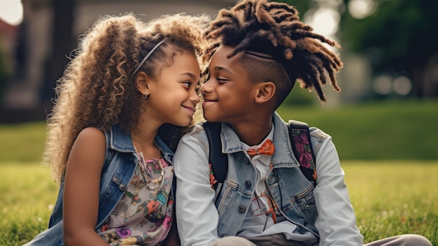 Un garçon et une fille afro-américains s'embrassent joyeusement au milieu de la beauté d'un parc rayonnant de positivité