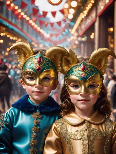 Photo un garçon et une fille célèbrent le carnaval ensemble avec des masques