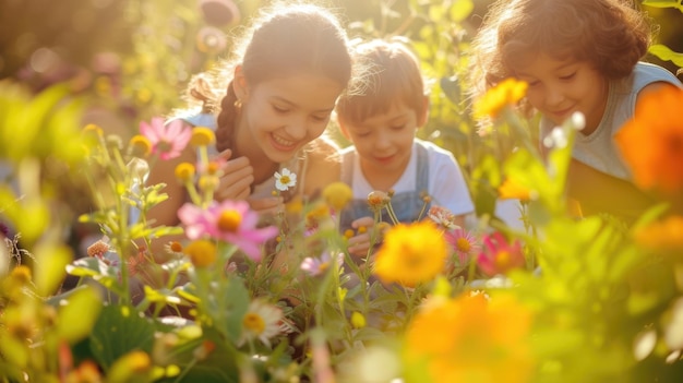 Un garçon et une fille cueillent des fleurs dans un jardin AIG41