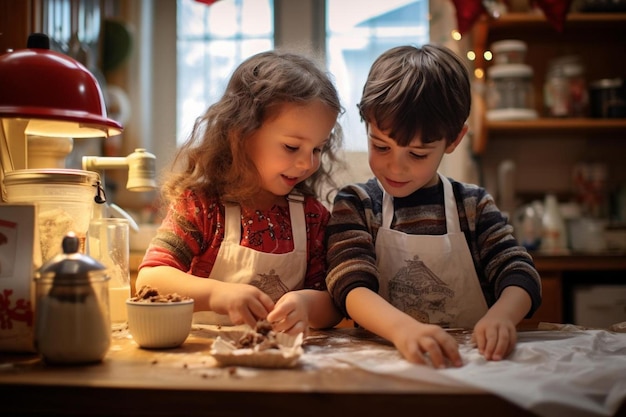 un garçon et une fille font des biscuits au pain d'épice.