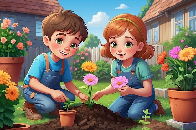 Un garçon et une fille heureux plantent des fleurs