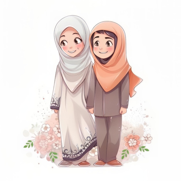 Un garçon et une fille hijab illustration vectorielle de dessin animé famille musulmane