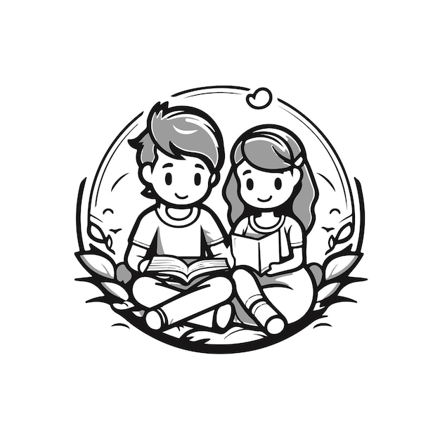 garçon et fille lisant un livre illustration logo dessin au trait propre
