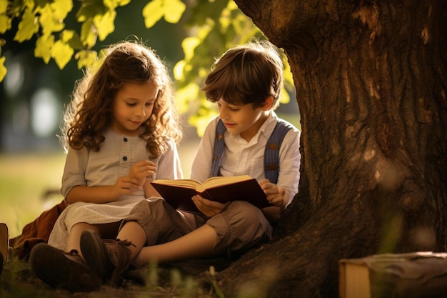 Un garçon et une fille lisent un livre sous un arbre.