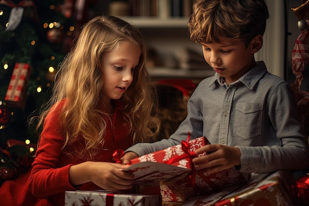 Un garçon et une fille ouvrent un cadeau de Noël.