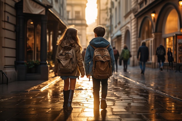 Un garçon et une fille se tenant la main marchent vers l'école dans une rue de la ville De nouveau à l'école Génération AI