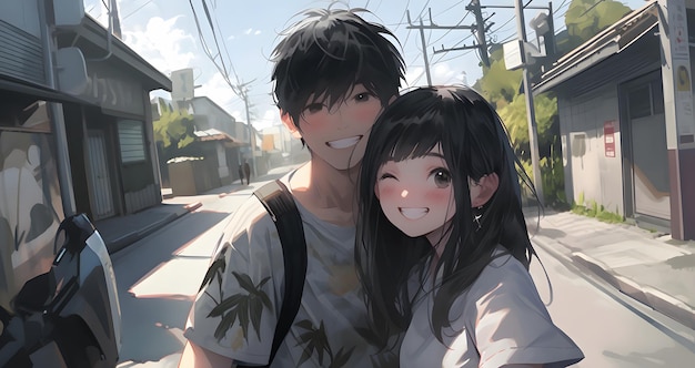 Un garçon et une fille se tiennent dans la rue et sourient.