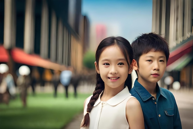 Un garçon et une fille se tiennent devant un bâtiment