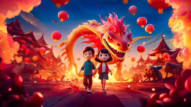 Un garçon et une fille se tiennent devant un dragon et des lanternes.