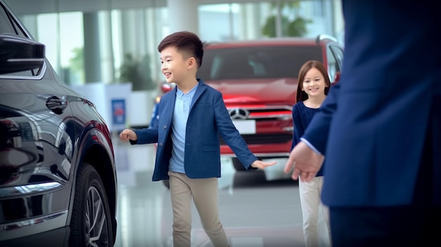 Un garçon et une fille se tiennent devant un véhicule hyundai rouge.