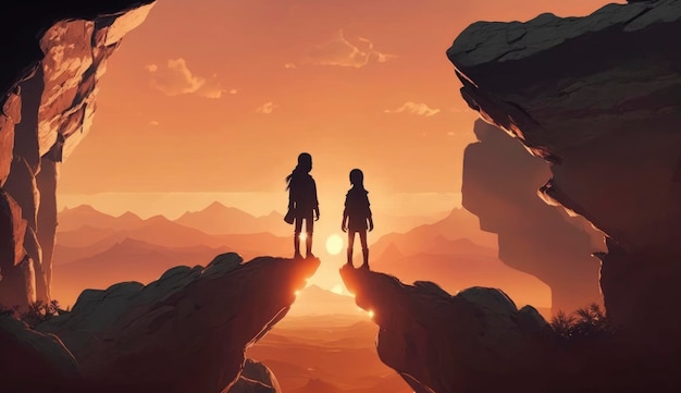 Garçon et fille se tiennent sur une falaise rocheuse et regardent la vallée au coucher du soleil Silhouettes d'enfants contre un paysage magnifique Sentiments romantiques et émotions du couple Créé avec Generative AI