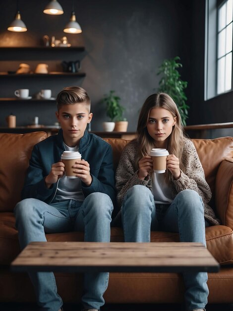 Un garçon et une fille sont assis avec du café à la main.