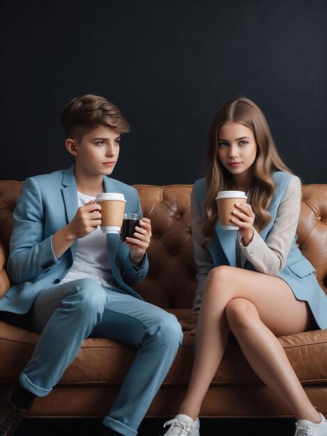 Un garçon et une fille sont assis avec du café à la main.