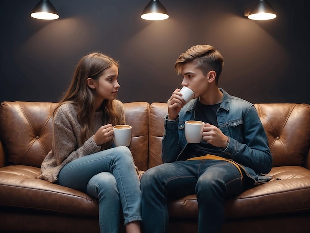 Un garçon et une fille sont assis avec du café à la main.