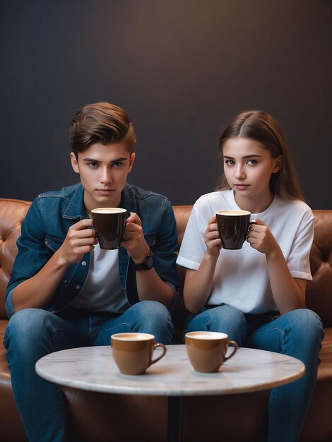 Un garçon et une fille sont assis avec du café à la main.