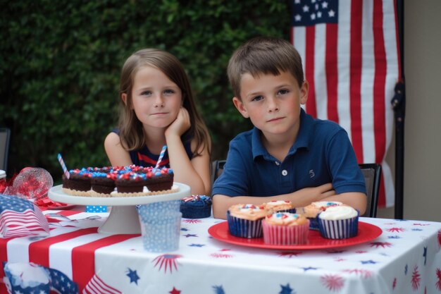 Un garçon et une fille sont assis à une table avec des cupcakes et un drapeau derrière eux.